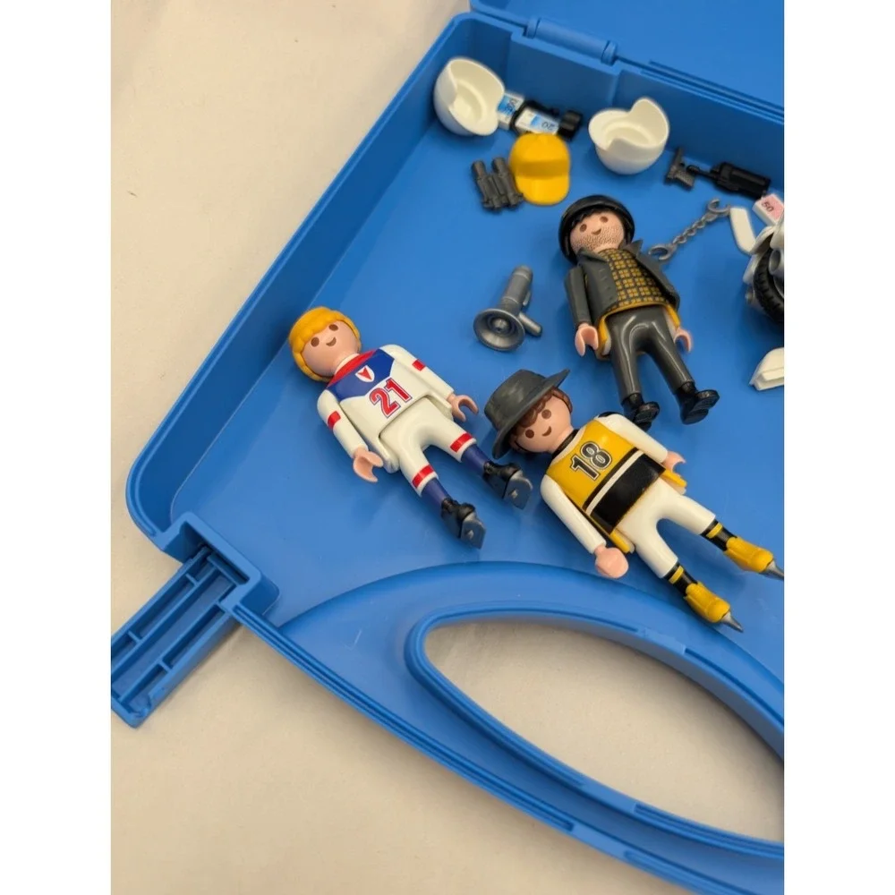 Playmobil Carrying Case W Figures Accessories Police Motorcycle Hockey Players